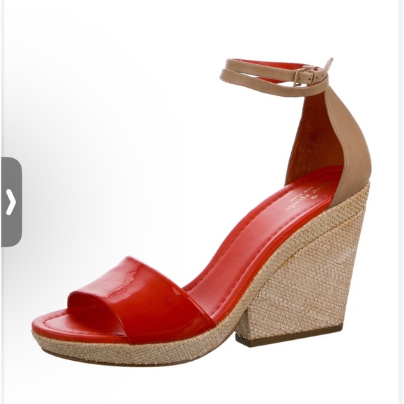 Kate Spade Orange/ Tan Ferrel Vachetta Ankle Strap Sandal Wedges -size 7 - Picture 1 of 10